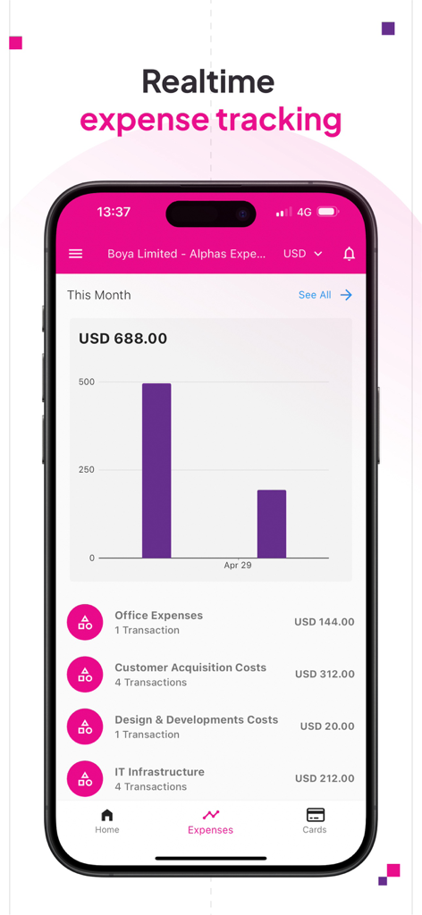 Boya - Panel de la aplicación financiera Boya que muestra el seguimiento de gastos en tiempo real y los gastos categorizados para una pequeña empresa