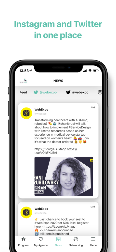 Eventee app newsfeed showing integrated Twitter and Instagram social media posts for an event