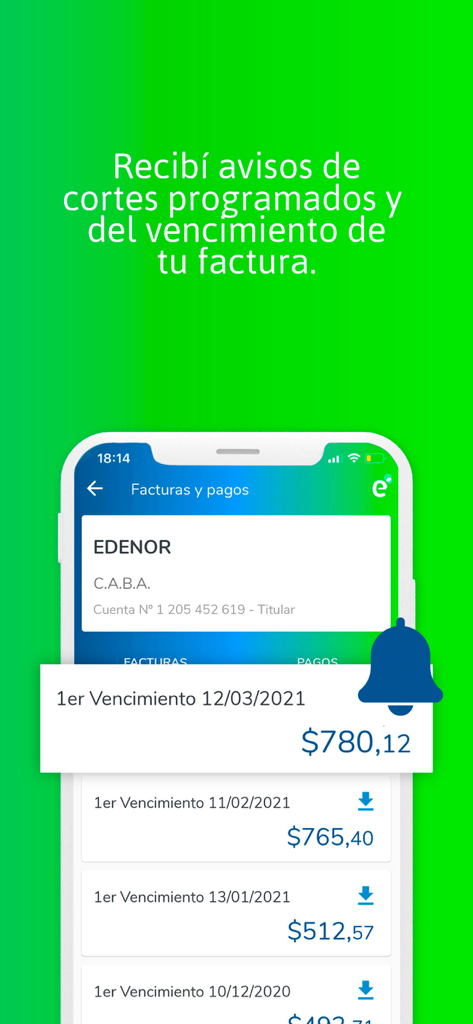 Interfaz de la app edenordigital mostrando el historial de facturas de electricidad y notificaciones de fecha de vencimiento de pago.