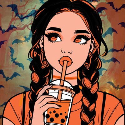realistic girl with braided hair drinking boba
