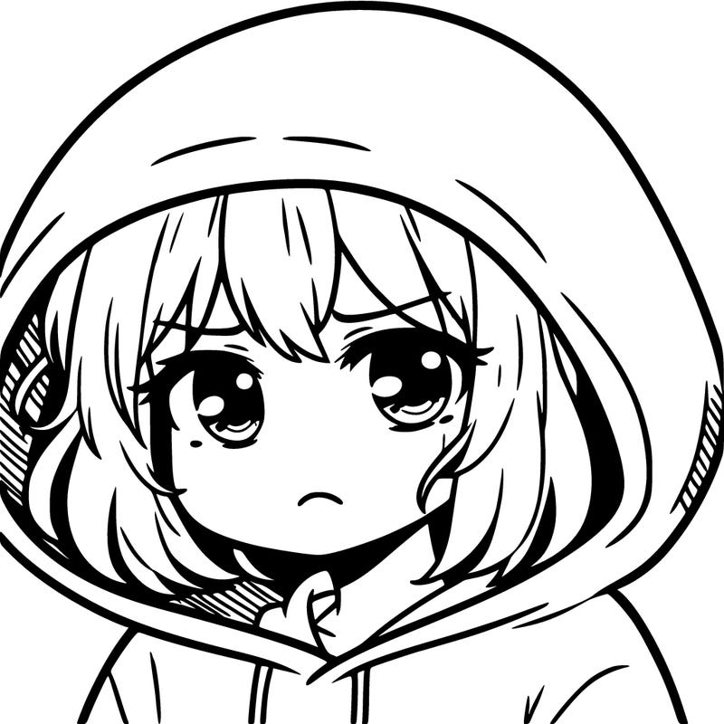 sad depressed anime girl with a frowning face in the hood