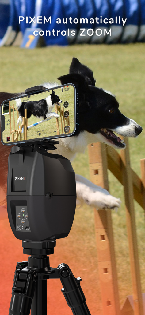 PIXEM Camera - PIXEM 2 robot on a tripod automatically zooming on a dog jumping over a hurdle during an agility session