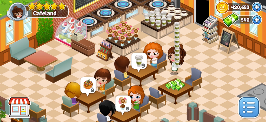 Cafeland - Restaurant Cooking - Customers dining and a waitress serving in a decorated cafe in Cafeland.