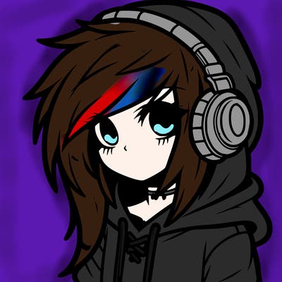 a emo girl with long hair with a hoodie with headphones on