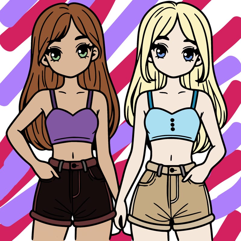 two sisters with crop tops and jean shorts and straight hair