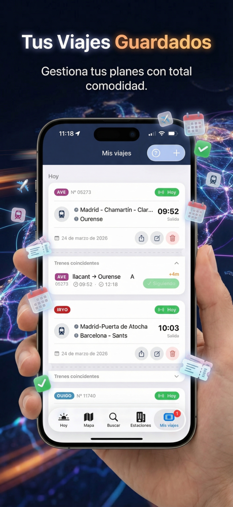 Spain Trains Live Map & Travel - Écran d'iPhone affichant les voyages de trains espagnols enregistrés comme AVE et Iryo avec des mises à jour de statut en direct
