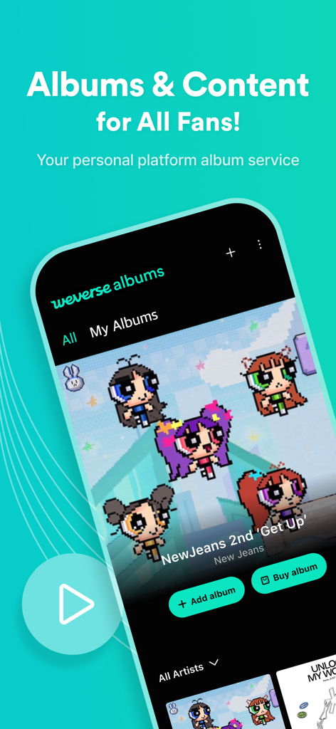 Weverse Albums mobile app interface showing a digital album collection for the artist NewJeans.
