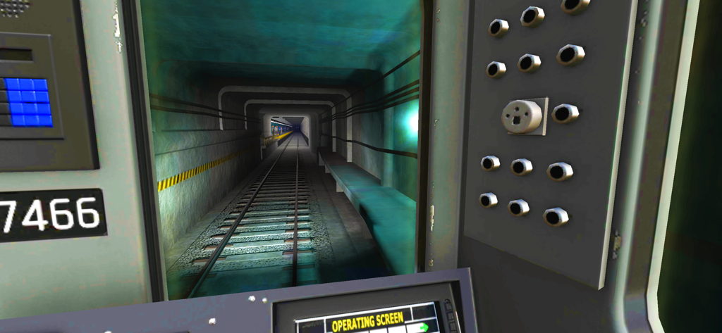 지하 터널을 바라보는 지하철 열차 운전실의 1인칭 시점