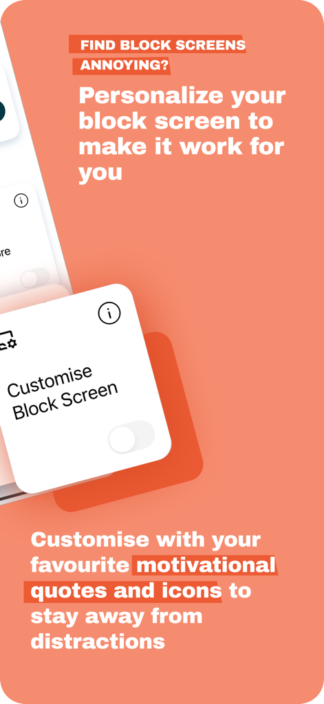 Porn Website Blocker: BlockerX - BlockerX app interface showing the option to customize block screens with motivational quotes and icons.