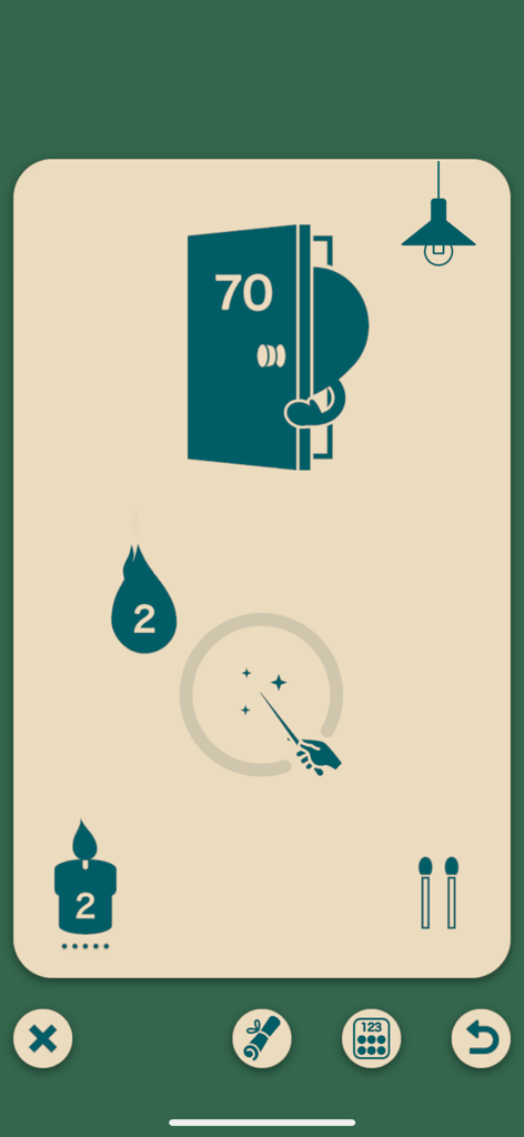 A math logic puzzle screen from the app KaruQ featuring a ghost with a target number and numerical flame elements.