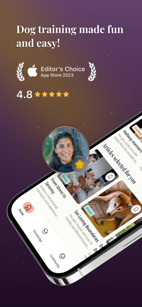 Petli dog training app interface showing various training articles and the App Store Editors Choice 2023 award badge
