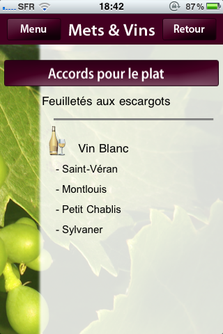 Mets - Vins - Mets - Vins app screen recommending white wines for snail puff pastries