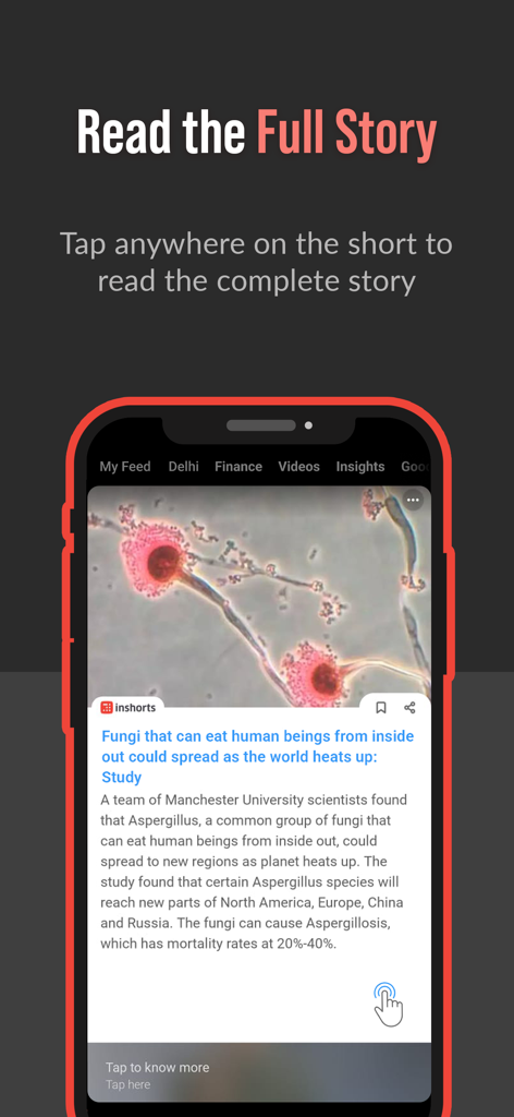 Screenshot of Inshorts app showing a news short with the prompt to tap and read the full story.