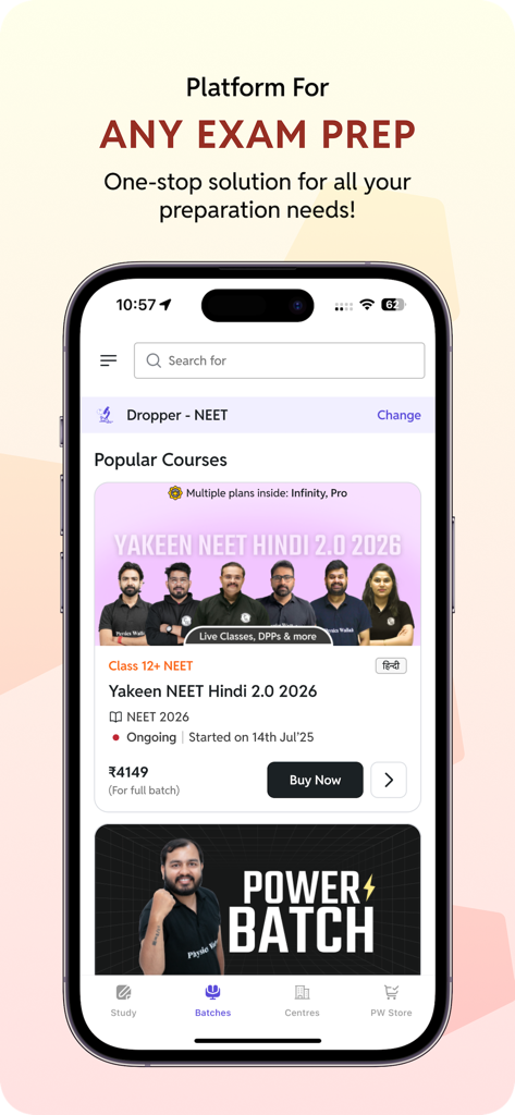 Physics Wallah - Physics Wallah app home screen showing popular NEET exam preparation courses and faculty