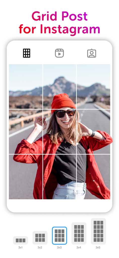 Collage Maker: CollagePlus - A 3x3 grid post preview for Instagram showing a photo of a woman in a red beanie being split into multiple squares.