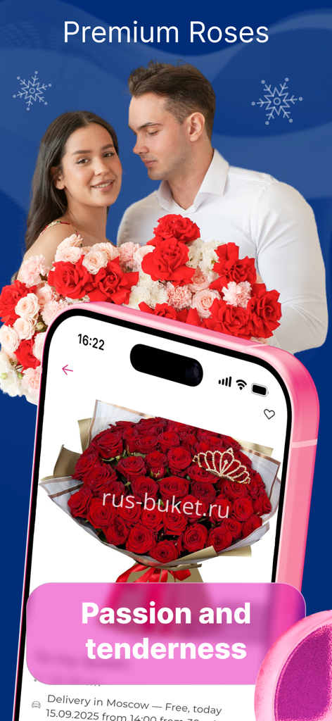 Worldwide Flowers: Flower Shop - A couple holding a bouquet of red and pink roses next to a smartphone displaying the Worldwide Flowers app featuring a premium rose bouquet