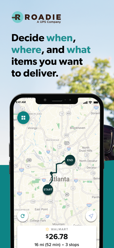 Interface de l'application Roadie Driver montrant une carte d'itinéraire de livraison et les gains pour une mission Walmart