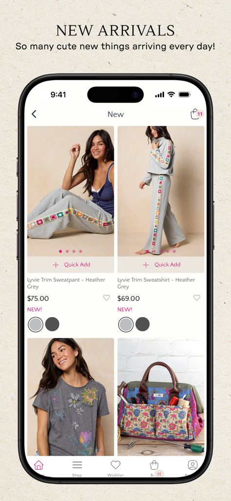 Écran des nouveautés dans l'application Natural Life présentant des vêtements de style bohème et des accessoires floraux