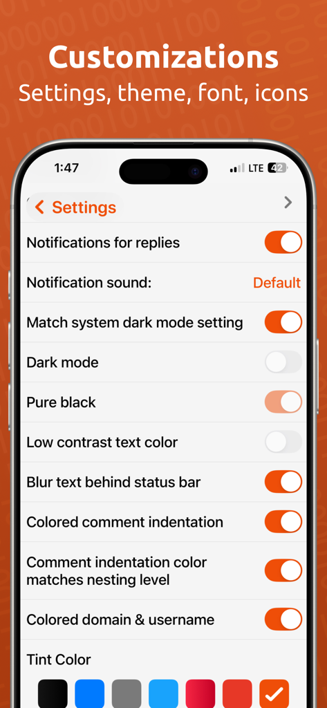 The customization settings menu of the HACK app on an iPhone showing options for dark mode, pure black theme, and UI color choices.