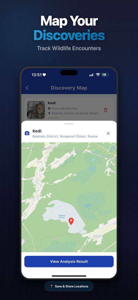 Animal Sound Identifier AI - A tela do Mapa de Descoberta mostrando um encontro de animal marcado em um mapa.
