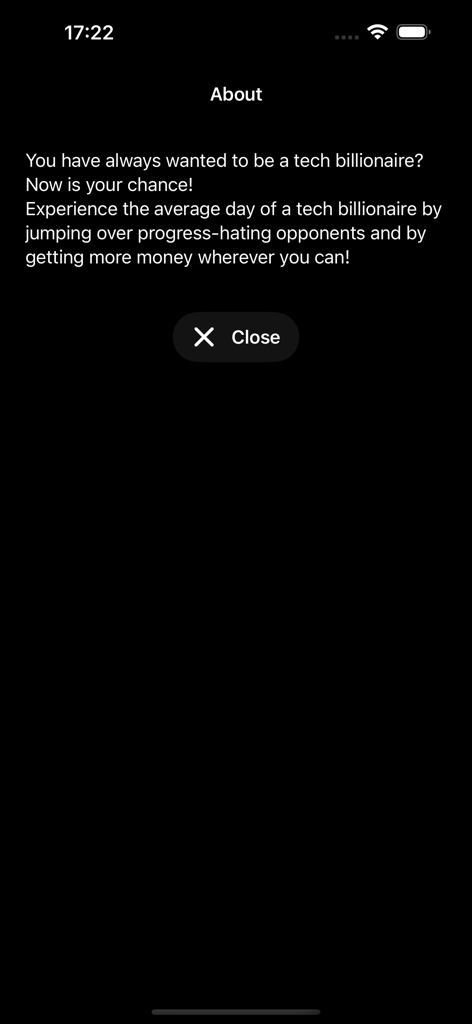 Tech Billionaire Jump - La pantalla 'acerca de' de la aplicación Tech Billionaire Jump explicando el concepto del juego de vivir como un billonario tecnológico.