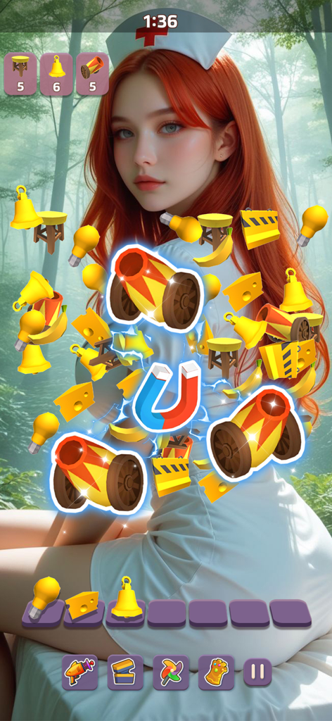 Jugabilidad de Date Match 3D mostrando objetos 3D de triple coincidencia sobre un fondo de personaje de enfermera romántica