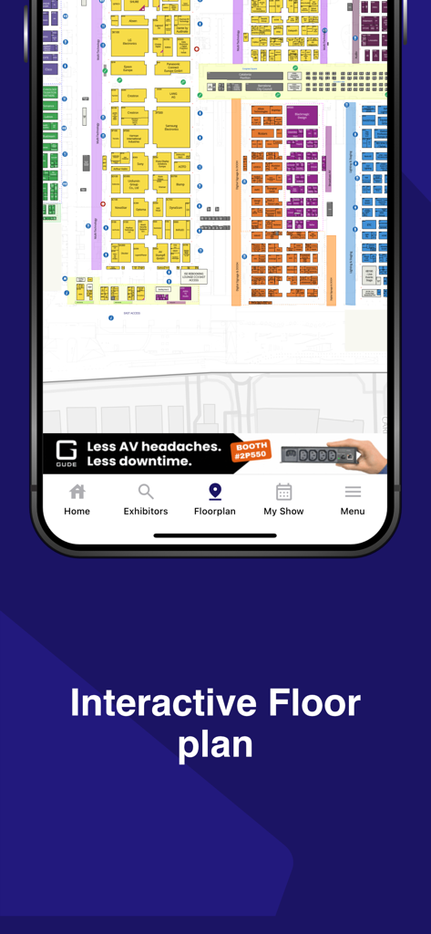 Integrated Systems Europe 2026 - Plan interactif des halls d'exposition de l'ISE 2026 montrant les agencements des stands et le menu de navigation