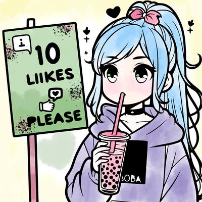 girl with a high ponytail and a hoodie drinking boba staring at a sign saying 10 likes please
