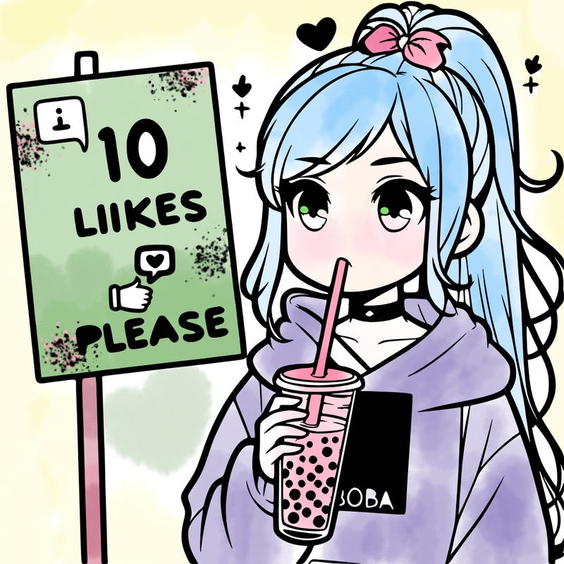 girl with a high ponytail and a hoodie drinking boba staring at a sign saying 10 likes please