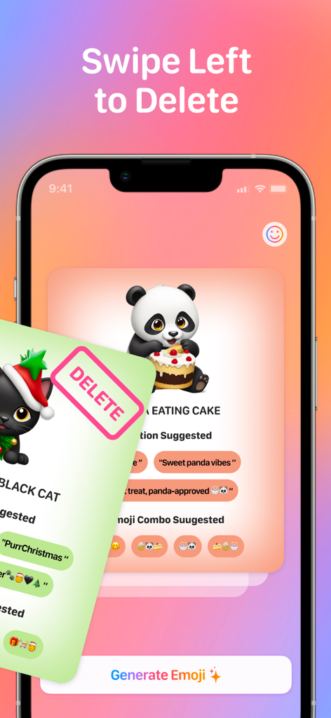 A smartphone screen displaying the swipe left to delete feature for AI generated emojis