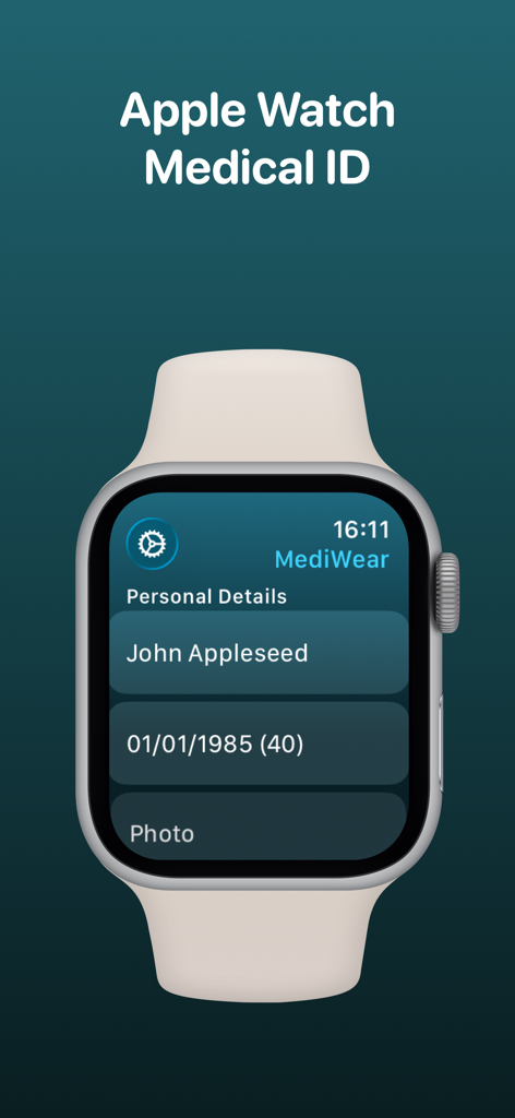 MediWear: Medical ID for Watch - Application MediWear affichant les informations personnelles de l'ID médical sur l'écran d'une Apple Watch