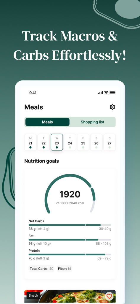 NoCarbsChallenge - Interfaz móvil de la aplicación NoCarbsChallenge que muestra el progreso diario de calorías y macronutrientes