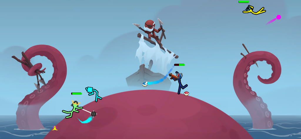 Supreme Duelist - Des personnages de stickman combattant sur une carte de pieuvre rose géante dans Supreme Duelist