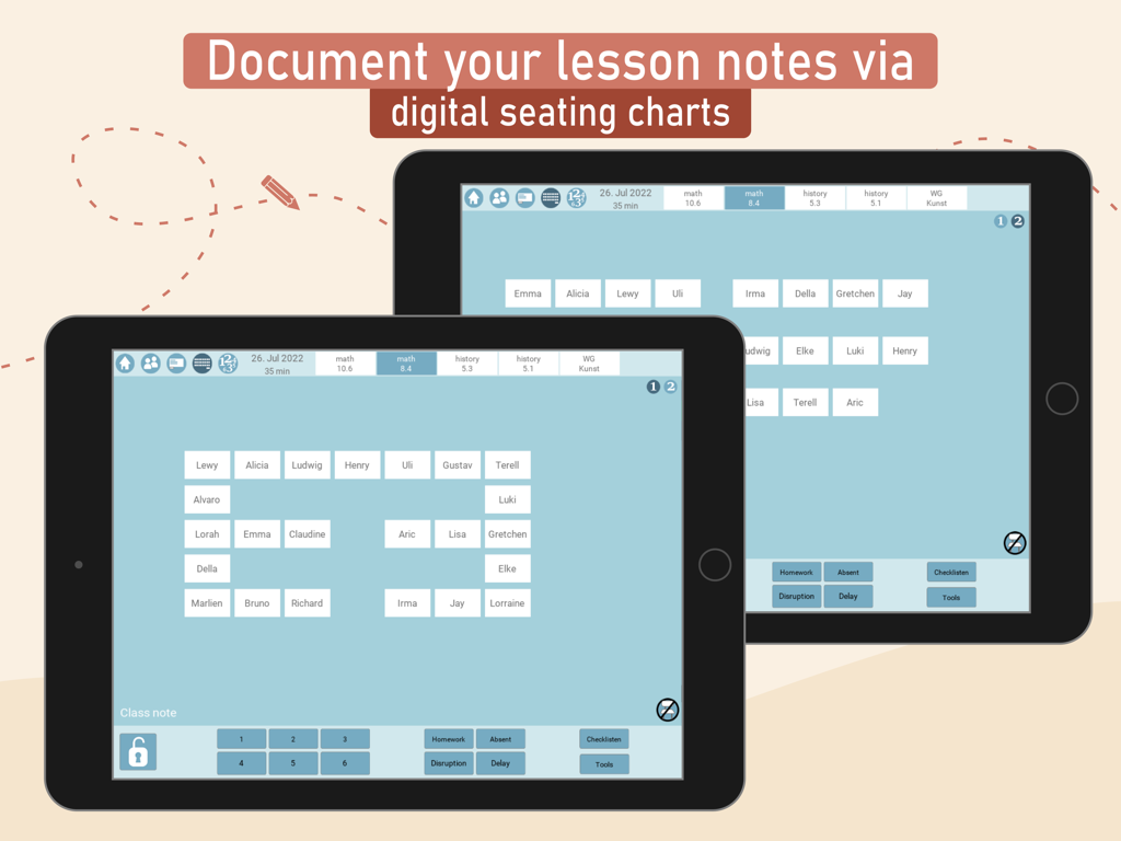 Teachers EasyNote - A digital seating chart on an iPad interface showing student name tiles and classroom management options