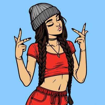 realistic teenage girl with braids and a beanie and crop top doing 🫶🏼