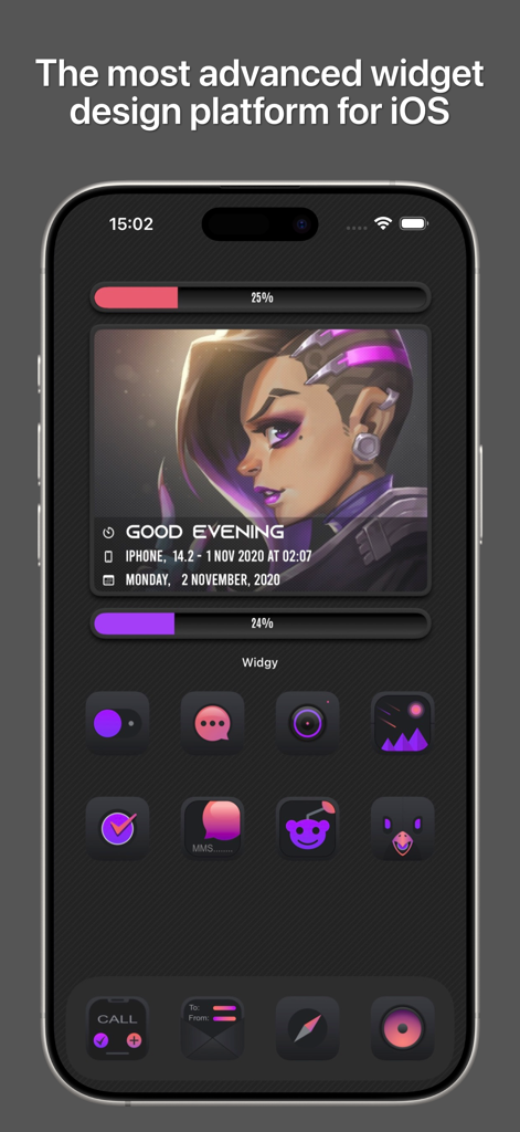 A custom iPhone home screen featuring a dark aesthetic widget and stylized icons designed with Widgy