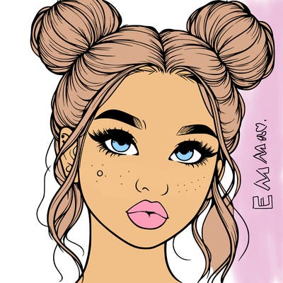 realistic girl with two buns on her hair and lips