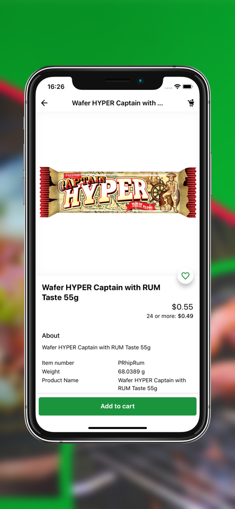 Malincho - Product page for Wafer HYPER Captain with RUM Taste on the Malincho app showing price and add to cart button.