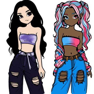 2 girls in crop tops and baggy jeans ripped