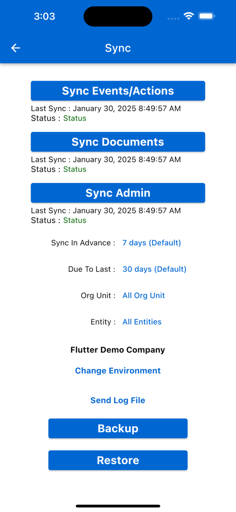 Sync screen of the CMO Compliance V19 app showing data synchronization options for events, documents, and admin settings.