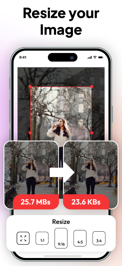 Mobile app interface showing image resizing and file size compression from megabytes to kilobytes