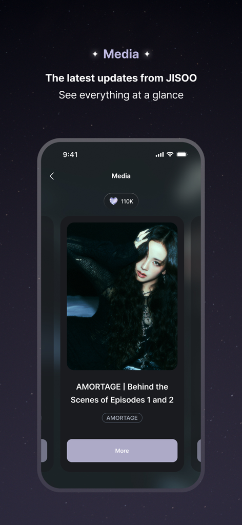 JISOO - Media section of the JISOO app featuring exclusive behind the scenes photos and content