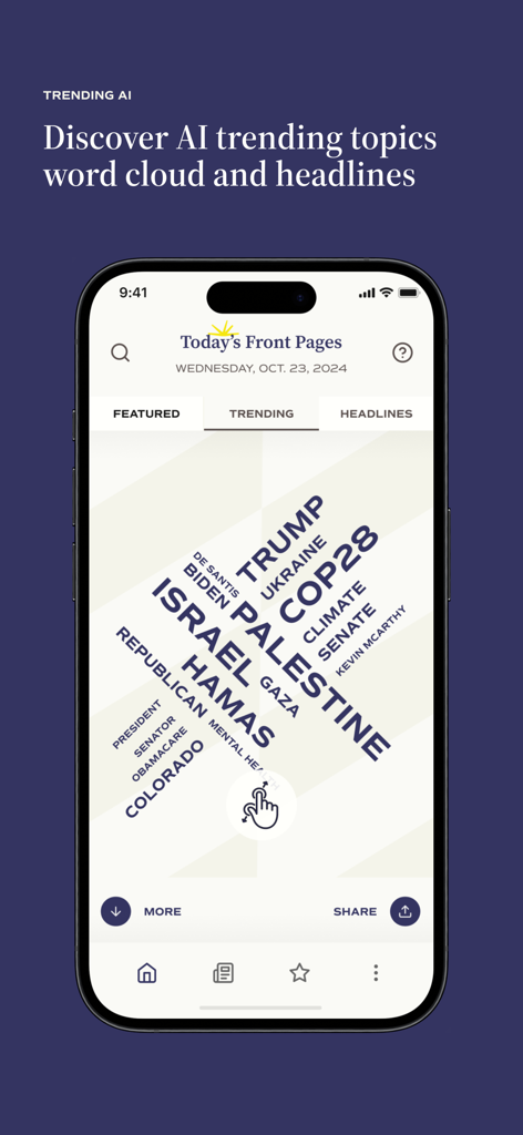 Today's Front Pages - Trending news word cloud in the Today's Front Pages app showing global headlines like Israel, Palestine, and Trump