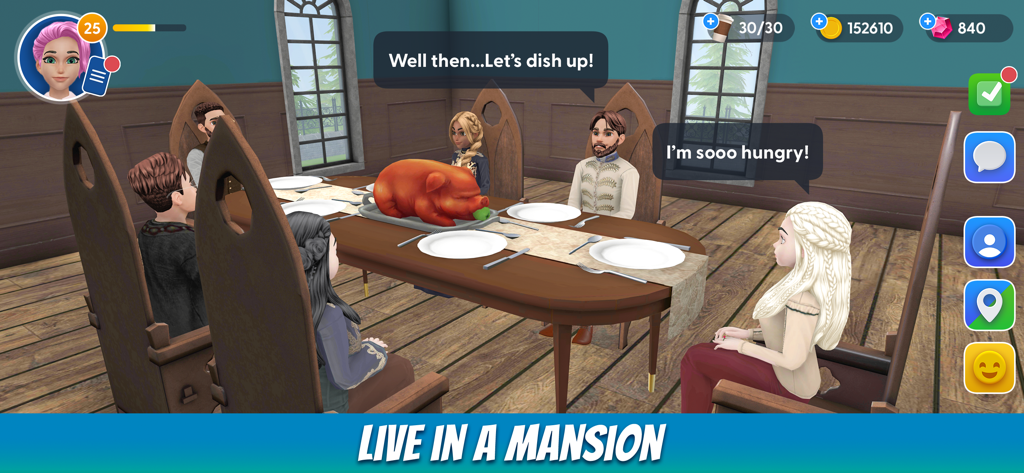 Virtual Sim Story: Life & Home - Grupo de avatares 3D jantando em uma mesa em uma mansão virtual