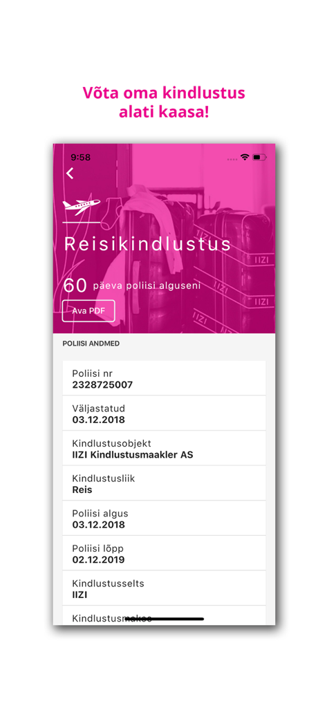 IIZI - IIZI mobile app screen showing travel insurance policy details