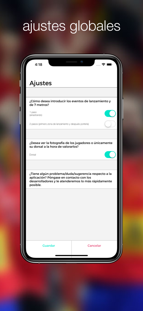 Menú de configuración de la aplicación iSquad PDC para personalizar la entrada de datos deportivos y las opciones de visualización de jugadores