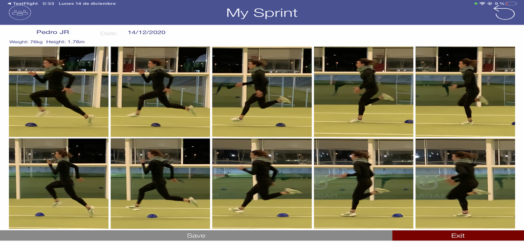 My Sprint - Ein Raster, das eine Bild-für-Bild-Sequenz eines sprintenden Athleten in der My Sprint App zeigt