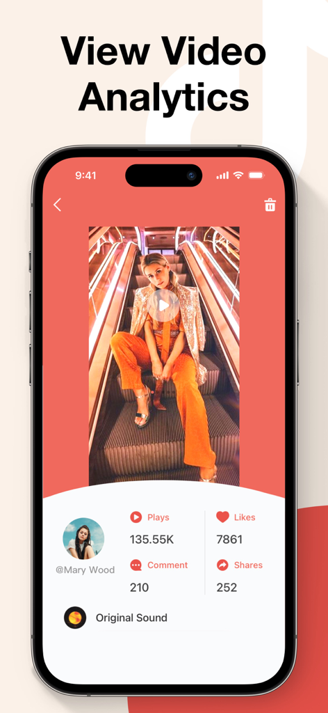 Una interfaz móvil que muestra estadísticas de rendimiento de video, incluyendo vistas, me gusta y comentarios para contenido de redes sociales.