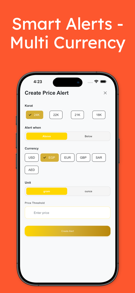Gold Price Tracker & Alerts - Interfaz de la aplicación móvil para crear alertas de precios de oro personalizadas por quilate y divisa