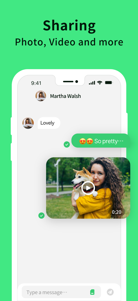BuzzNow app interface showing multimedia chat with shared video and emoji reactions